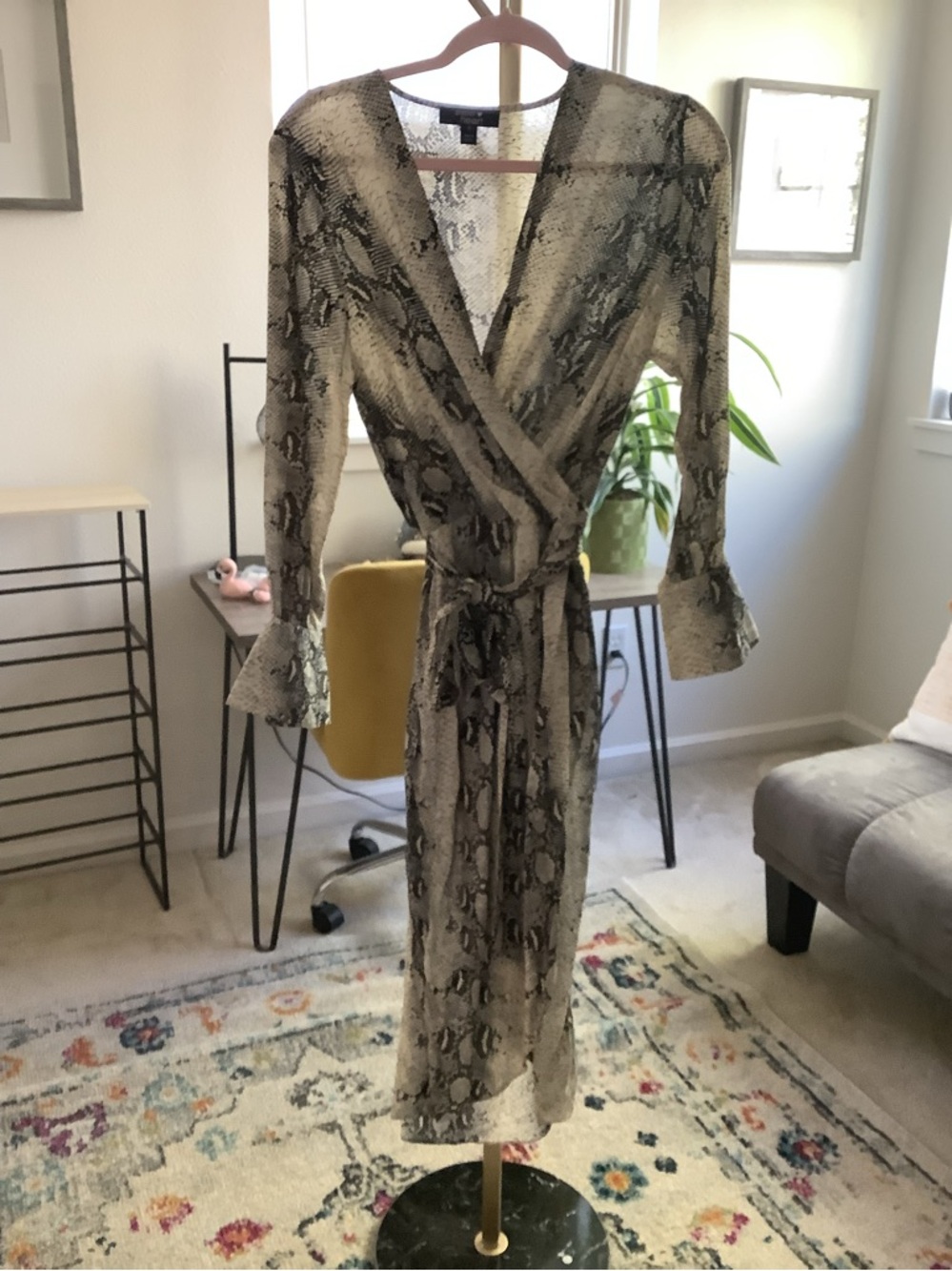 Snake-Print Midi Wrap Dress in Beige and Black